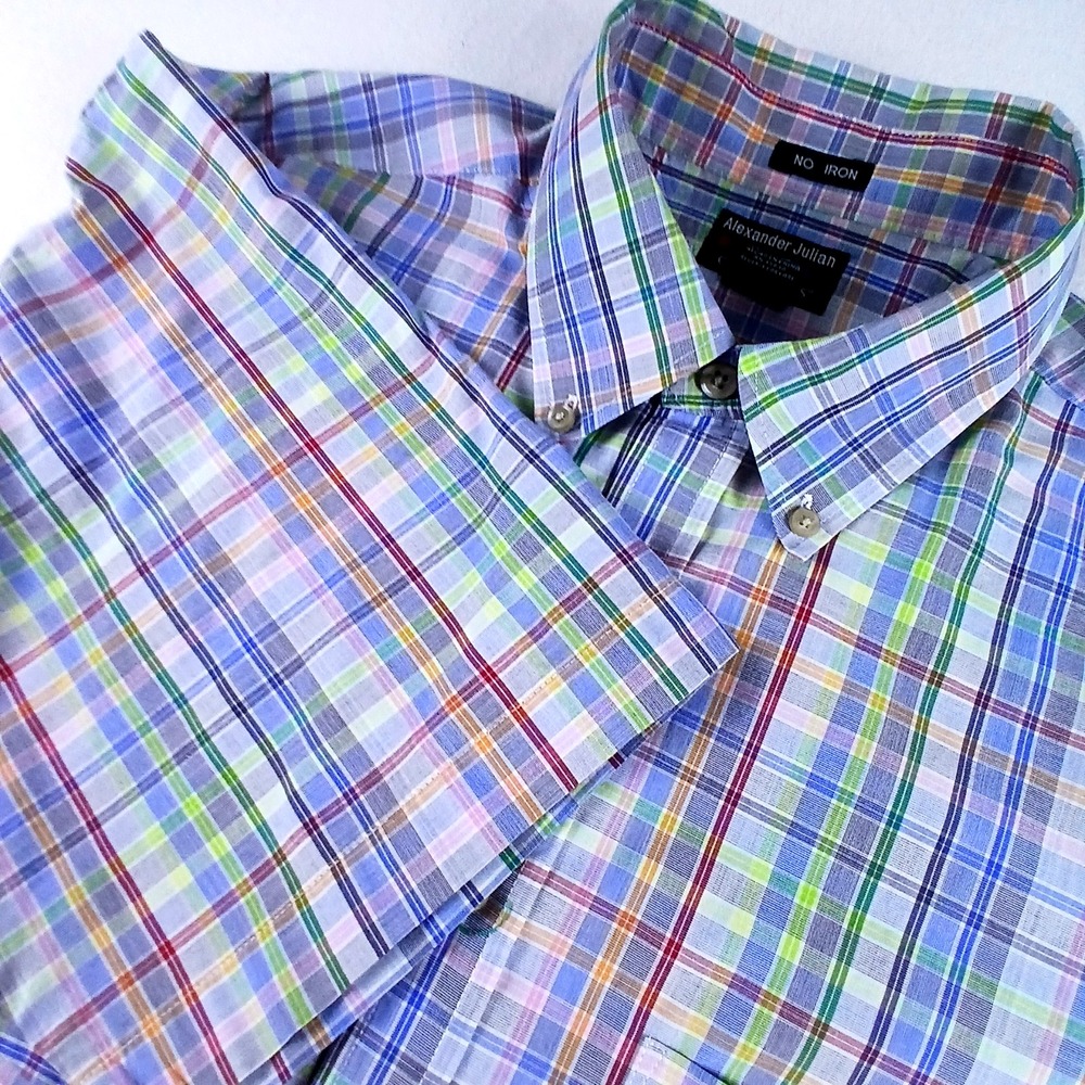 Alexander Julian Colours Men's Shirt XL Short Sleeve No Iron Multi Color Plaid